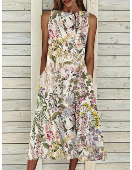 Ladies Cotton Casual Flower Print Maxi Dress