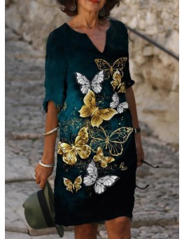 Casual Butterfly Print V-neck Midi Dress Women
