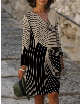 Casual Art Print Color Block V-neck Long Sleeve Midi Dress Women