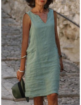 Casual Cotton Linen V-neck Midi Dress