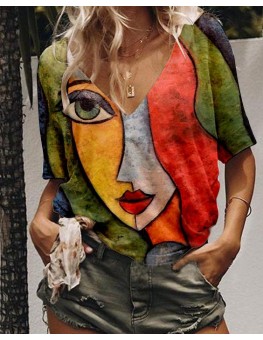 Abstract painting v-neck short sleeve printed loose women's t-shirt