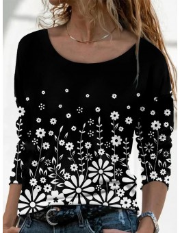 Black And White Floral Print Long-sleeved Casual T-shirt