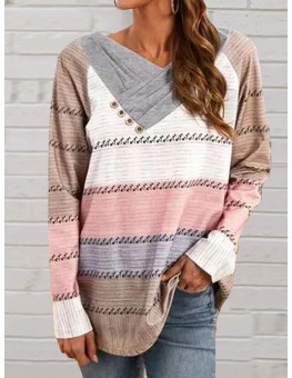 Casual Stitching Button V-Neck Long-Sleeved Loose Sweater