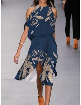 Fashion Leaf Print Off-shoulder Midi Dress Women