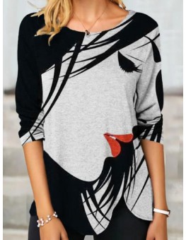 Abstract Character Print Pullover Round Neck Long-sleeved T-shirt