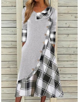 Fashion Check Print Lapel Long Sleeve Casual Maxi Dress