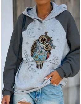 Casual Owl Print Long-Sleeved Hooded Sweatshirt