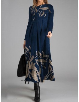 Casual Leaf Print Long Sleeved Maxi Dress Women