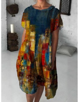 Fashion Art Print Short Sleeve Midi Dress Women
