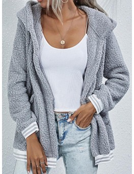 Fashion Striped Stitching Long-sleeved Hooded Plush Casual Coat