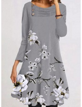 Fashion Flower Print Stack Neck Long Sleeve Casual Shift Dress