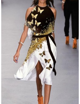 Fashion Colorblock Butterfly Print Off Shoulder Midi Dress