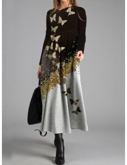 Casual Butterfly Print Casual Long-sleeved Maxi Dress Women