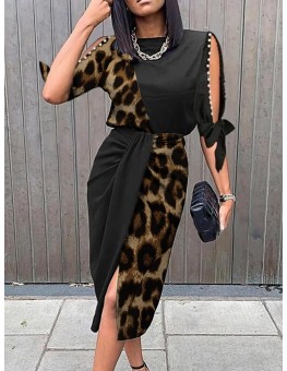 Fashion Leopard Print Color Block Midi Dress Women