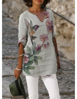 Casual Bird And Floral Print V-neck Blouse