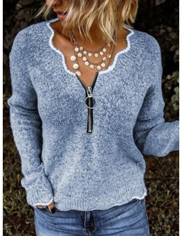Blue V-neck Zipper Casual Sweater