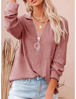 2021 Cross-border European And American Women's  Casual Solid Color Loose Zipper V-neck Long-sleeved Large Size Loose Pit Striped T-shirt