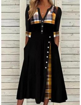 Fashion Check Printed V-neck Long Sleeve Casual Maxi Dress