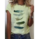 Fashion Feather Print Round Neck Short Sleeve Casual T-shirt