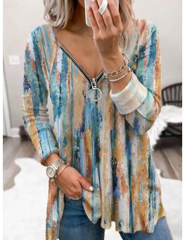 Autumn And Winter V-Neck Irregular Vertical Stripes Oil Painting Print Casual Women'S T-Shirt