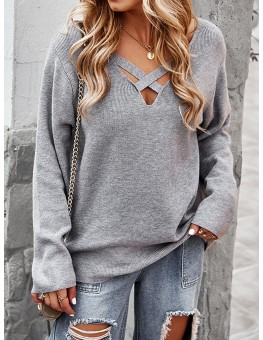 Autumn And Winter Long-sleeved V-neck Solid Color Pullover Sweater