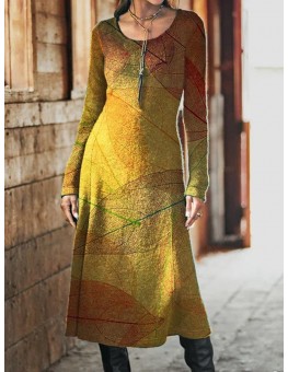 Casual Leaf Print Crew Neck Long Sleeves Maxi Dress