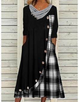 Casual Plaid Print Cowl Neck Long Sleeves Maxi Dress
