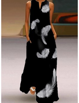 Casual Fashion Feather Printed V-neck Sleeveless Dress