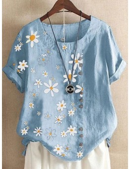 Casual Cotton And Daisy Printed Short-Sleeved Blouse